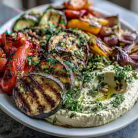 Grilled Veggie Platter with Hummus - colorful grilled vegetables arranged with creamy homemade hummus, garnished with fresh parsley and toasted pine nuts.