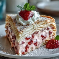 Elegant Mother's Day crêpe cake with layers of delicate crêpes and strawberry mascarpone cream, garnished with fresh berries and mint.